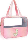 Initial Clear Makeup Bag Personalized Pink Clear Cosmetic Bag, Cute Large Make Up Bags Organizer Bag, Travel Toiletry Bag for Women Girl Gifts J (Pink)