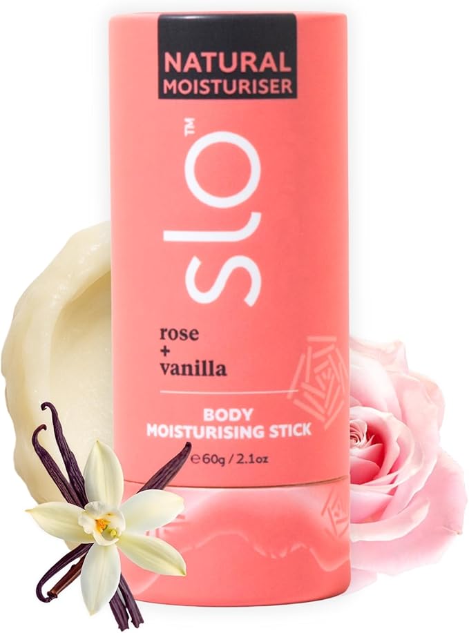 Slo Natural Moisturizing Stick | Body Balm for Dry Skin with Organic Ingredients | Hydrating + Nourishing | Coconut, Cocoa Butter & Antioxidants | Travel-Friendly | Rose + Vanilla | 2.11oz/60g