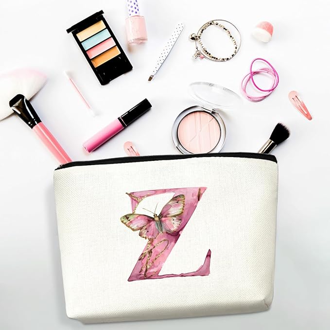 Initial Makeup Bag Pink Butterfly Z Personalized Cosmetic Bag Monogrammed Gifts for Women Girls Her Bridesmaid Monogram Zipper Pouch for Friendship Mothers Day Birthday Wedding Bridal Shower Gifts