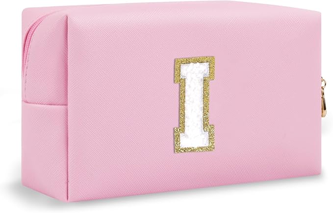 Personalized Small Travel Preppy Makeup Bag, Initial Cute Pink Chenille Letter Cosmetic Organizer Toiletry Pouch, Waterproof Portable PU Monogram Make Up Bag Case Gift for Women Friends Her(Letter I)