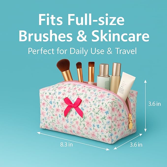 Floral Cotton Makeup Brush Cosmetic Bag for Women, Travel Quilted Zipper Pouch, Large Capacity Flowers Toiletry Organizer, Kawaii Makeup Storage Case, Cosmetic Travel Cloth Bag-Rose Red Floral