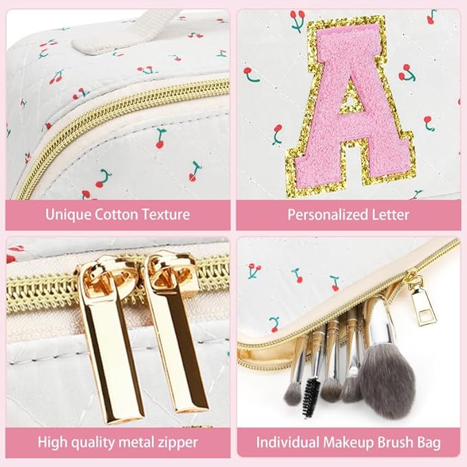 Personalized Travel Makeup Bag Set,Initial Travel Cute Cherry Makeup Organizer Bag,Toiletry Skincare Cosmetic Bag,Christmas Gifts for Women/Girls,Open Flat Toiletry Pouch with Brush Pocket-I