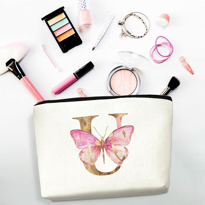 Initial Makeup Bag Pink Butterfly U Personalized Cosmetic Bag Monogrammed Gifts for Women Girls Friend Bestie Monogram Zipper Pouch for Friendship Mothers Day Birthday Wedding Bridal Shower Gifts