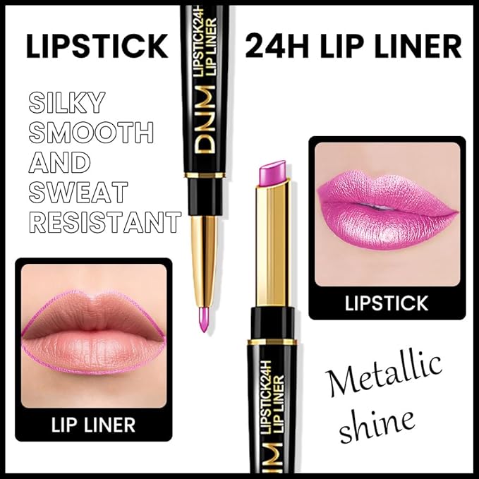 BINGBRUSH 3Pcs Double Ended Vivid Fuchsia Natural Pink Rose Metallic Lip Liner and Lipstick Makeup Combo Set for Women, Lipliner 24 Hours Original Waterproof Long Lasting Lip Stains Pencil Kit Set