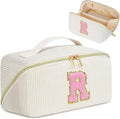 Personalized Initial Makeup Bag,Christmas Gifts for Girl,Preppy Bag Cosmetic Travel Bag Women,Travel Toiletry Organizer,Large Capacity Corduroy Stuff Bag,Cute Cosmetic Pouch Skincare Bag-R
