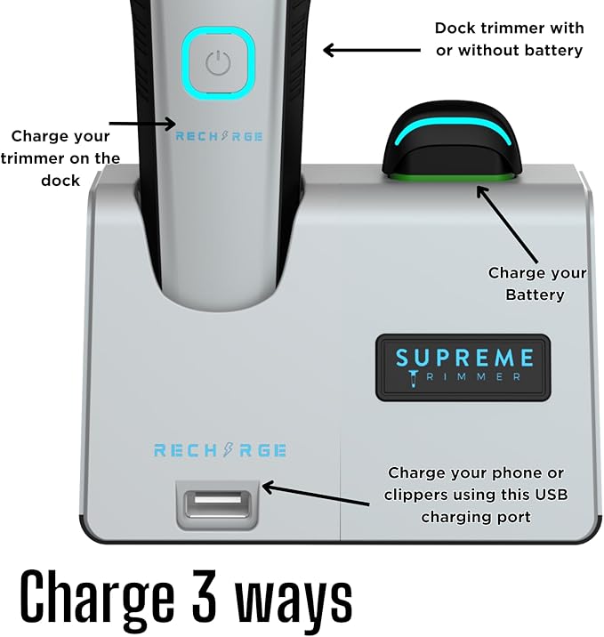 Supreme Trimmer Recharge ST777 – Professional Barber Trimmer with 2 Removable Batteries | 8000 RPM Motor, Zero Gap DLC Blades, Smart Charging Dock, USB-C Fast Charge