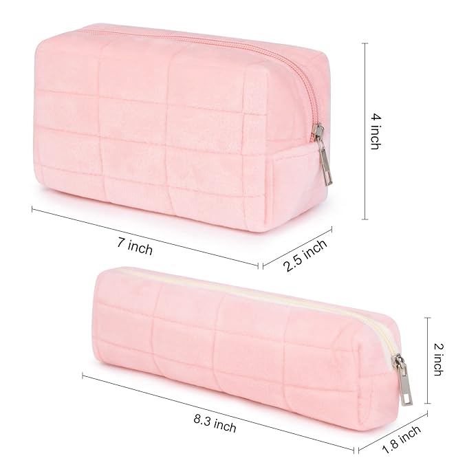 SOIDRAM Checkered Cosmetic Bag - Plush Pink Makeup Pouch, Large Capacity, Travel Toiletry Bag Organizer with 1Pcs Makeup Brushes Storage
