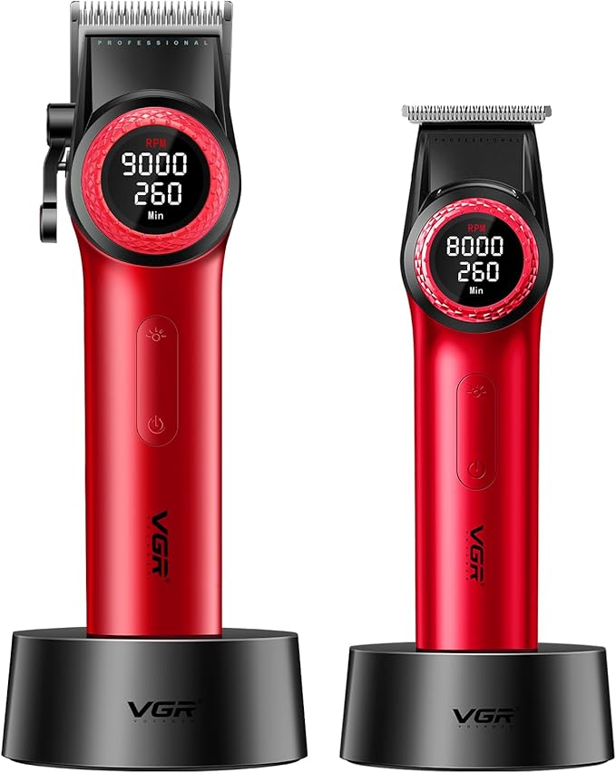 VGR 001 & 977 Professional Hair Clippers for Men, Cordless Barber Clippers and Zero Gap Trimmers Set, DLC Coating Blade Hair Cutting Kit with LED Display, USB Rechargeable Barber Set(Red)