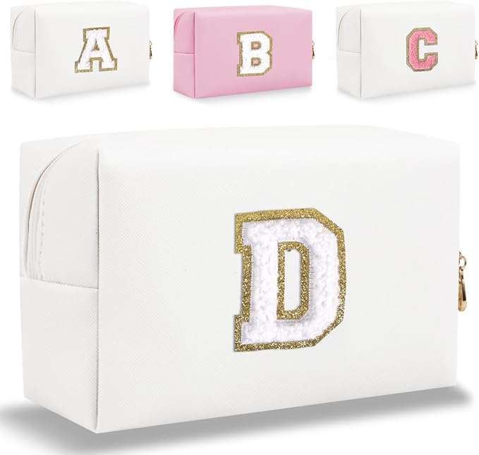 Small Personalized Letter Makeup Bag, Cute PU Leather Chenille Letters Cosmetic Bag Travel Makeup Pouch, Preppy Travel Organizer Zipper Pouch for Women&Girls（White-D）