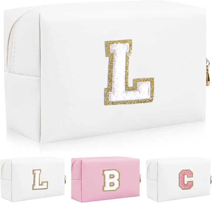 Iqimott Personalized Initial Letter Patch Makeup Bag, Preppy Portable Chenille Letter Cosmetic Bag with Zipper, PU Leather Waterproof Travel Toiletry Bag Monogram Make Up Pouch Girls(Letter L)