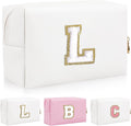 Iqimott Personalized Initial Letter Patch Makeup Bag, Preppy Portable Chenille Letter Cosmetic Bag with Zipper, PU Leather Waterproof Travel Toiletry Bag Monogram Make Up Pouch Girls(Letter L)
