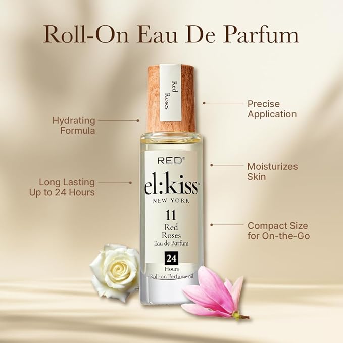 EL:KISS Roll On Perfume, Red Roses Inspired by Jo M Eau de Parfum 12mL (.40 Fl Oz), Hydrating & Long-Lasting, Alcohol-Free & Mineral Oil-Free, Infused with Jojoba, Argan & Coconut Oil
