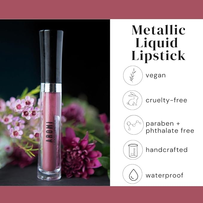 Aromi Metallic Liquid Lipstick | Chestnut Rose Lip Color with Shimmery Finish, Long-lasting + Long Wear, Mauve Shade, Waterproof, Vegan (Burgundy Quartz)