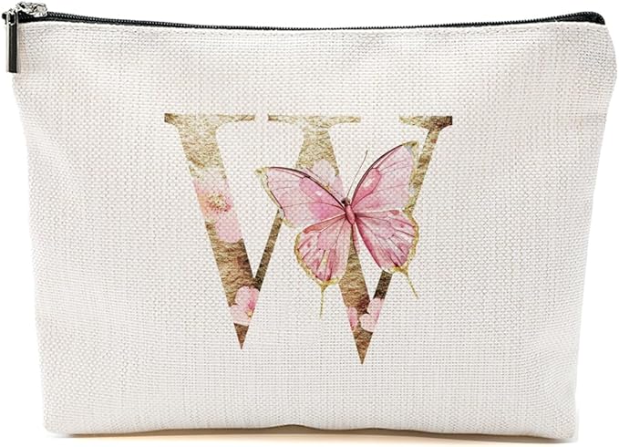 Initial Makeup Bag Pink Butterfly W Personalized Cosmetic Bag Monogrammed Gifts for Women Girls Mama Bridesmaid Monogram Zipper Pouch for Friendship Mothers Day Birthday Wedding Bridal Shower Gifts