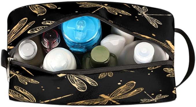 Vintage Animal Gold Dragonfly Travel Toiletry Bag for Women Men Lightweight Cosmetic Makeup Bag Organizer Waterproof Shaving Bag Dopp Kit with Large Capacity for Toiletries and Shaving Accessories