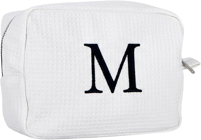 Personalized White Waffle Makeup Bag,Custom Embroidered Initial Cosmetic Pouch for Women,Monogrammed Cosmetic Case,Bridesmaid Gifts (M)