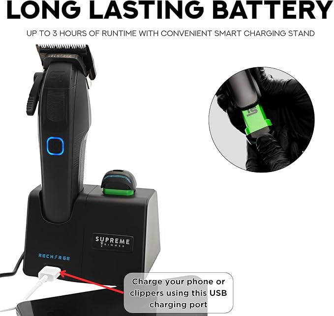 Supreme Trimmer Recharge Clipper - Professional Hair Clipper with 2 Removable Batteries, Brushless Motor, Smart Charge Stand, USB-C Charge & DLC Blades Barbers | STC779