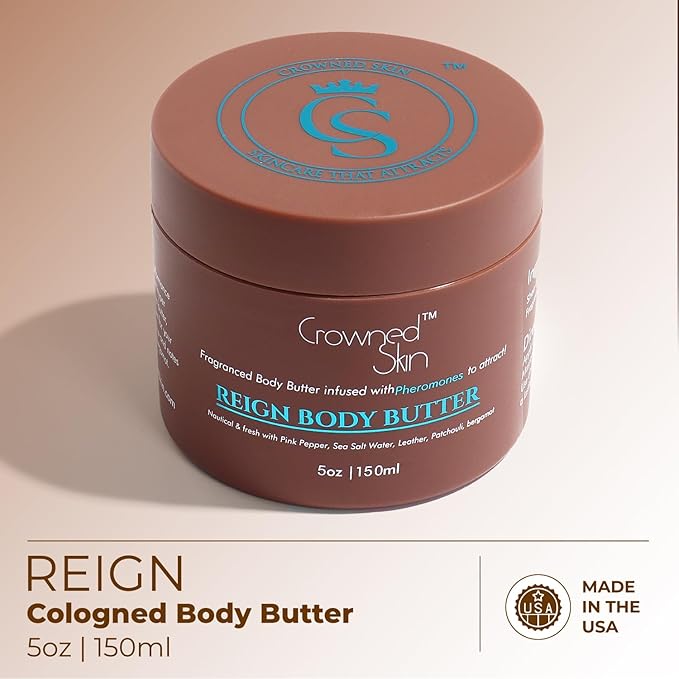 Crowned Skin Reign Cologned Body Butter | Fresh & Nautical Scent | Blended with Pink Pepper & Bergamot | Infused with Organic Shea & Mango Butters | Moisturizing Formula with All-Day Fragrance | 5oz