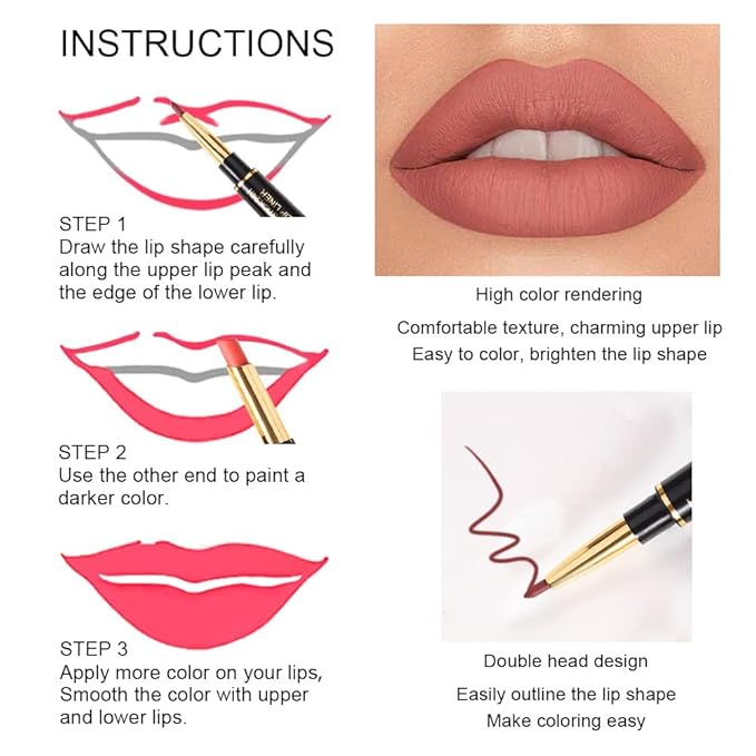 BINGBRUSH 6Pcs Double Ended Rose Wine Nude Brown Plum Purple Red Matte Lip Liner and Lipstick Makeup Combo Set for Women,Lipliner 24 Hours Original Waterproof Long Lasting Lip Stains Pencil Kit Set