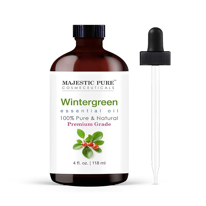 Majestic Pure Wintergreen Essential Oil with Glass Dropper - 4 Fl Oz - 100% Pure and Natural Wintergreen Oil - Premium Grade Essential Oils for Diffuser, Aromatherapy, Soap and Candle Making