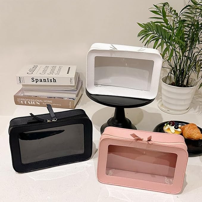 Clear and Waterproof Makeup Bag Portable Travel Cosmetic Case Organizer for Women Toiletry Pouch with Transparent Vinyl Windows & Zippers (Black)