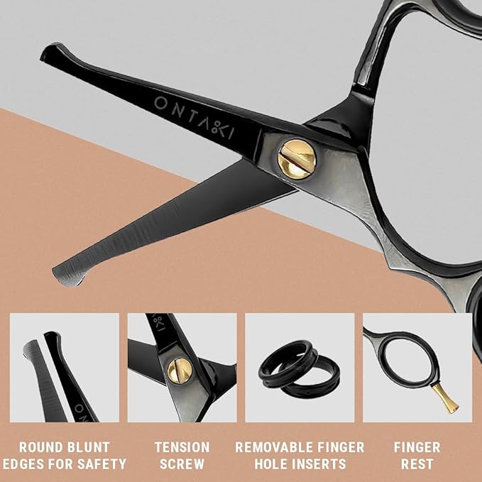 Ontaki Mustache Scissors - 4.2" Black Japanese Steel - Beard & Nose Hair Trimming Scissors for Men - Rounded Tip Ergonomic Handles - Hand-Forged Mustache Grooming Kit