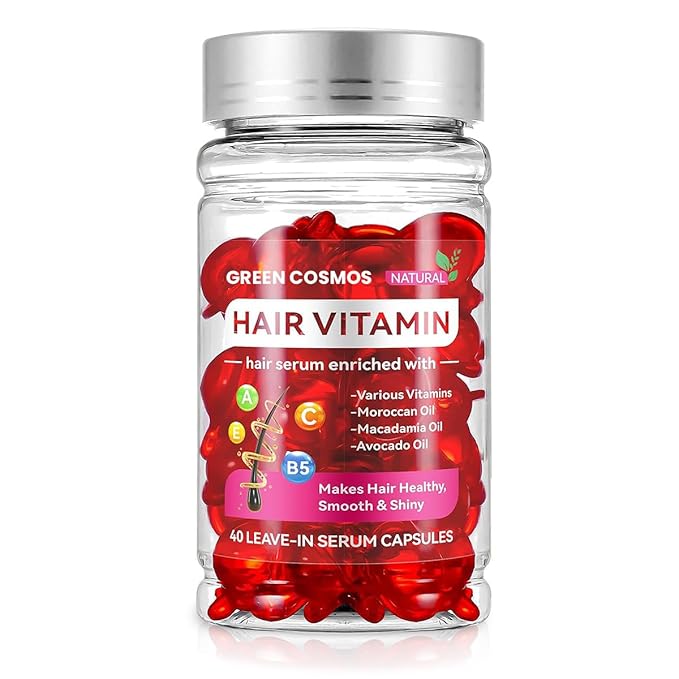 Green Cosmos Hair Vitamin Treatment & Moisturizing Oil Capluse with Avocado, Macadamia & Moroccan Oil for Dry and Damaged Hair - Leave-in Anti Frizz Conditioner with Vitamins A, C, E & B5-40 Capsules