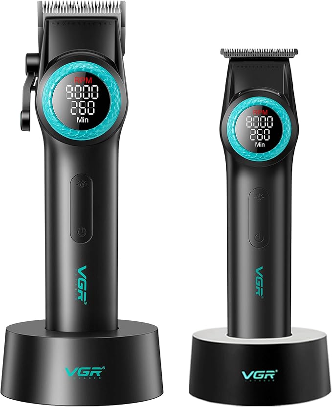 VGR 001 & 977 Professional Hair Clippers for Men, Cordless Barber Clippers and Zero Gap Trimmers Set, DLC Coating Blade Hair Cutting Kit with LED Display, USB Rechargeable Barber Set(Black)