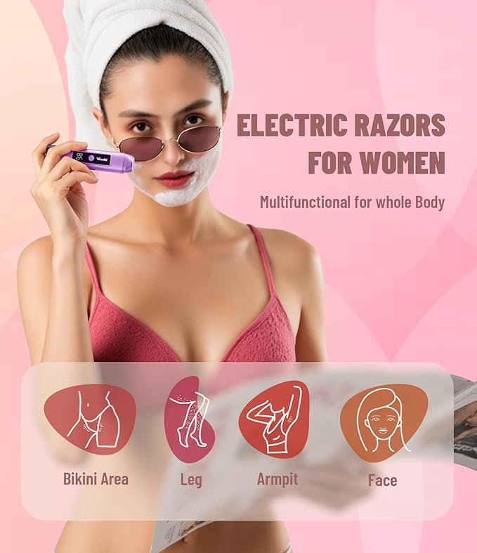 Electric Bikini Trimmer for Women: Razor & Shaver with Dual Heads for Body Pubic Hair, IPX7 Waterproof with LED Display - Rechargeable Lady Trimmer for Underarm Body Leg Face - Purple