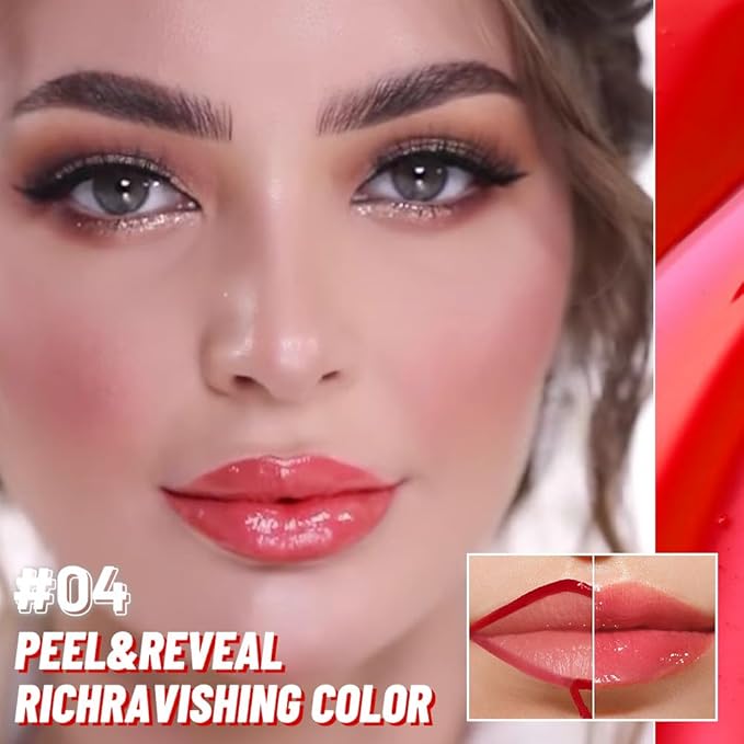 Vivid Coral Lip Stain Peel off Lip Oil Dual Ended Combo Set, 2 in 1 Lips Liner Stain Oil Peel off Long Lasting Waterproof, High Pigmented Flawless Lips Tint Stick Not Faded Vegan & Cruelty-free 04#