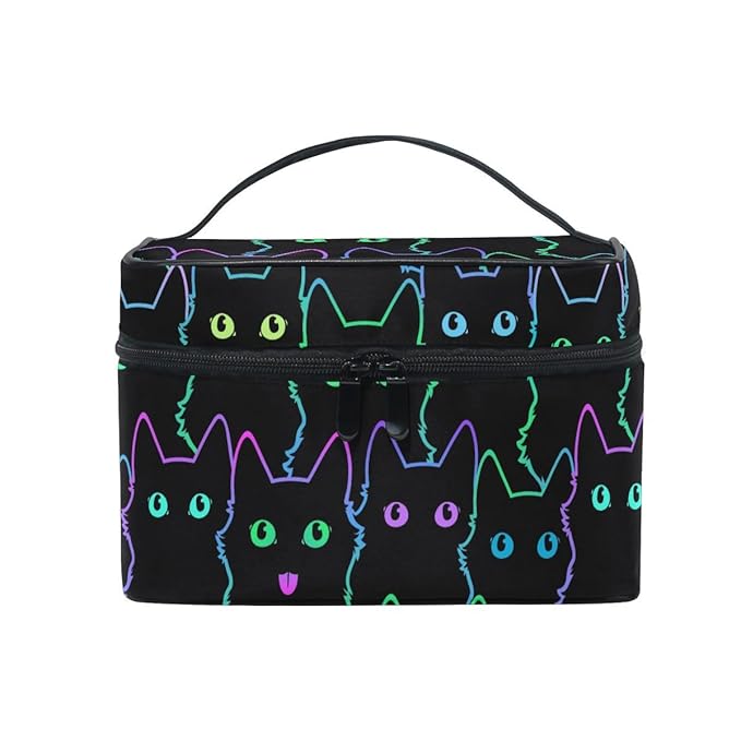 Cosmetic Bag Colorful Neon Cat Travel Makeup Organizer Bag Portable Train Case for Women Girls