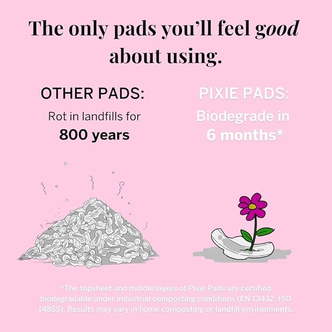 Pixie Organic Cotton Postpartum Pads for Women - Extra Heavy Absorbency with Wings - Leak-Proof, Hypoallergenic & Unscented for Feminine Care - Compostable, Biodegradable - 12 Count