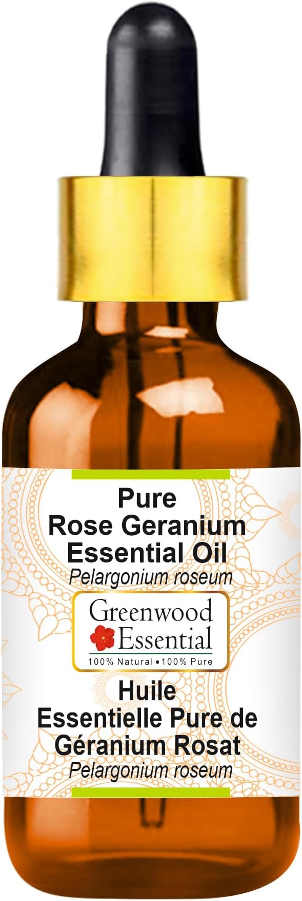 Greenwood Essential Rose Geranium Essential Oil (Pelargonium roseum) with Glass Dropper | Pure | Non-Sticky | Non-Greasy | Lightweight | Men & Women | All Skin Types | Steam Distilled 10ml (0.33 oz)
