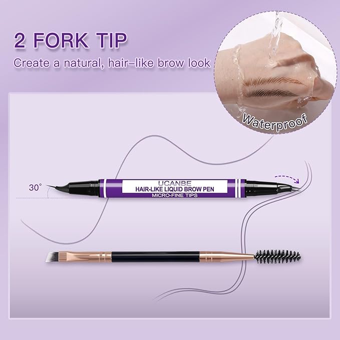UCANBE Curved Eyebrow Pencils for Women with Spoolie Brush,Dual-Ended Eyebrow Pen with 2-Fork-Tip&Precise Brush-Tip,Microblading Brow Pen for Hair-Like Brows,Waterfool, Long Lasting,Dark Brown