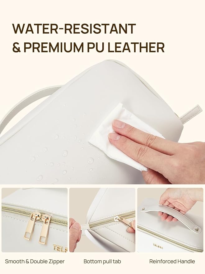 Telena Leather Make Up Bag Portable Travel Makeup Bag Waterproof Cosmetic Bags for Women Large Capacity With Handle and Divider Open Flat