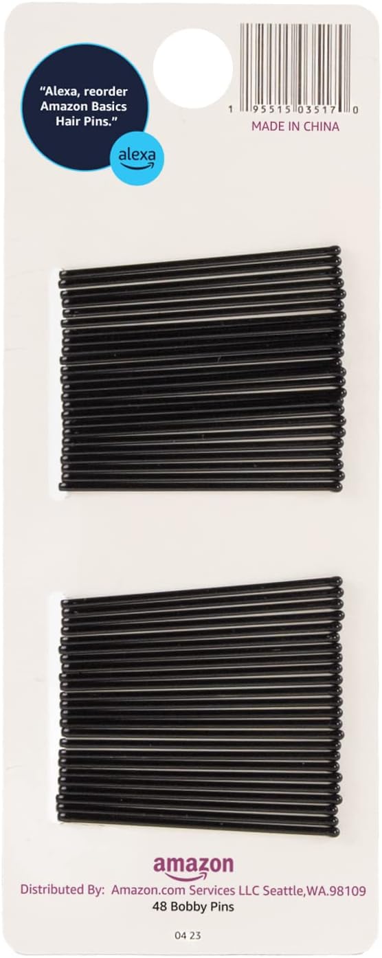Amazon Basics No Slip Bobby Pins, 48 count, Black High, Gloss Bobby Pins for Pain Free, Comfortable, All-Day Styling and UpDos. For All Hair Types