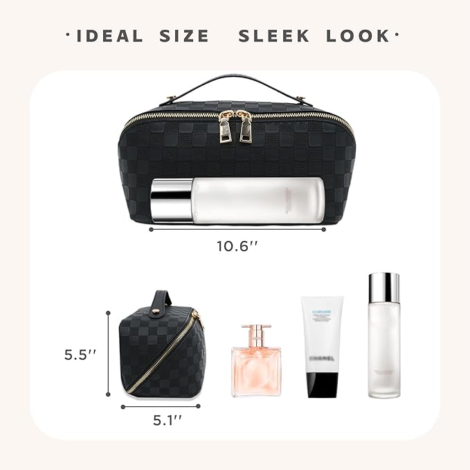 Travel Makeup Bag – Large Cosmetic Organizer with Waterproof PU Leather, Smooth Double Zipper & Tear-Resistant Lining, Toiletry Pouch for Women (Black)