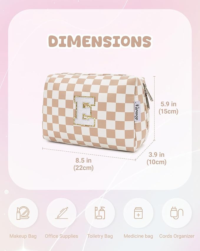 Narwey Birthday Gifts for Women Teen Girls Kids Personalized Initial Checkered Makeup Bag Cute Cosmetic Bag Trendy Stuff 6 8 10 11 12 13 14 16 18 Years Old Travel Toiletry Bag (Brown Letter E)