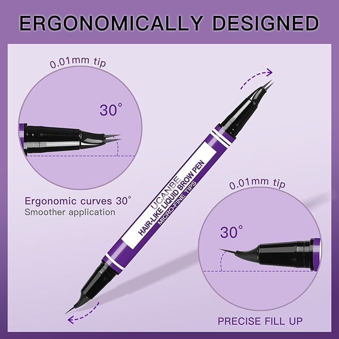 UCANBE Curved Eyebrow Pencils for Women with Spoolie Brush,Dual-Ended Eyebrow Pen with 2-Fork-Tip&Precise Brush-Tip,Microblading Brow Pen for Hair-Like Brows,Waterfool, Long Lasting,Dark Brown
