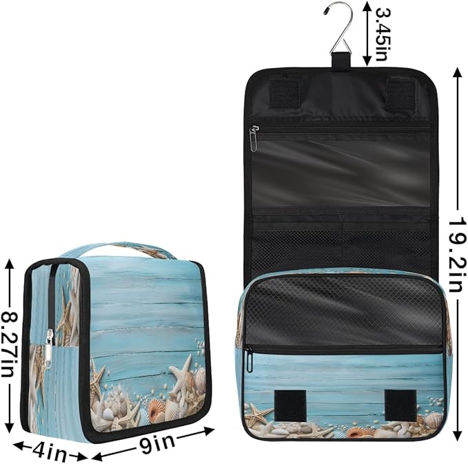 Travel Toiletry Bag for Women & Men Ocean Blue Starfish Hanging Cosmetic Organizer Portable Waterproof Makeup Case Make Up Bag with Compartments Travel Essentials for Bathroom Shower