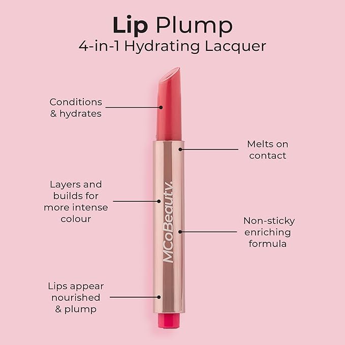 MCoBeauty - Lip Plump 4-in-1 Hydrating Lacquer - Multi-Benefit Lip Color with Shea Butter, Hyaluronic Acid and Click-Pen Format - Lucy, Candy Pink Shade - 2.5ml