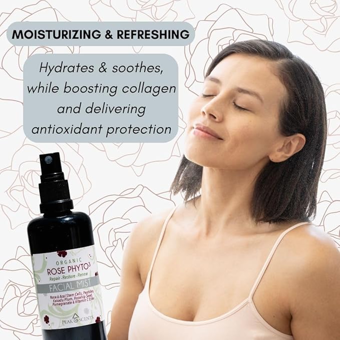 Peak Scents - Organic & Vegan Rose Phyto³ Water Facial Spray - Moisturizing Face Mist & Setting Spray, Soothing, Hydrating Mist Rose Water For Face - Great for Facial Massaging (4 oz)