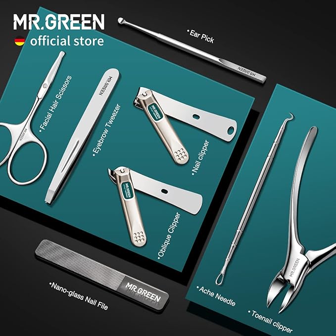 MR.GREEN Manicure Sets Pedicure Kits Stainless Steel Nail Clipper Personal Care Tools with PU Leather Case (Green)