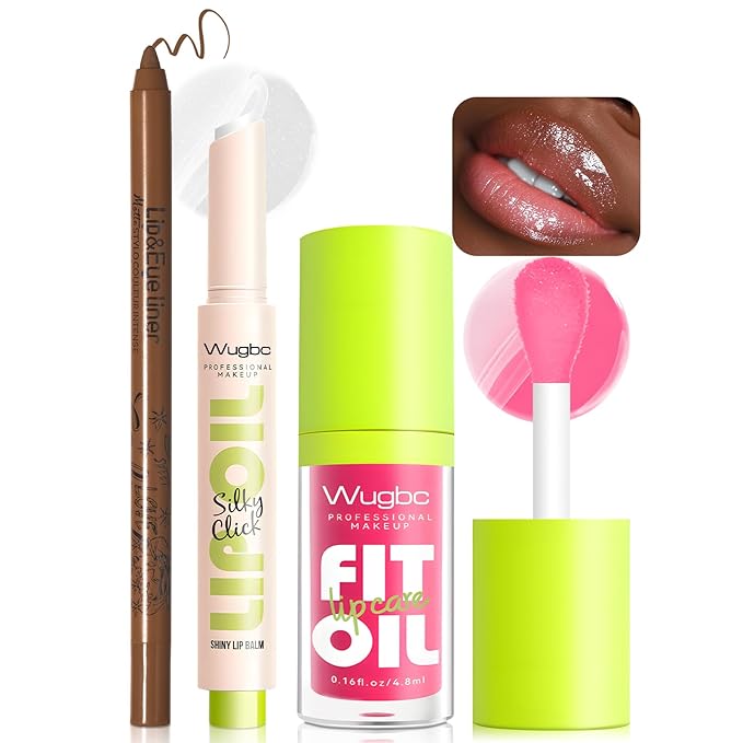 Brown Lip Liner Pink Lip Oil Gloss Click Lip Balm Clear Shimmer, Hydrating Lipstick Tinted Lip Oil for Women Makeup, Lightweight Non Sticky Liquid Lipstick Lip Liner Pencil Combo Set