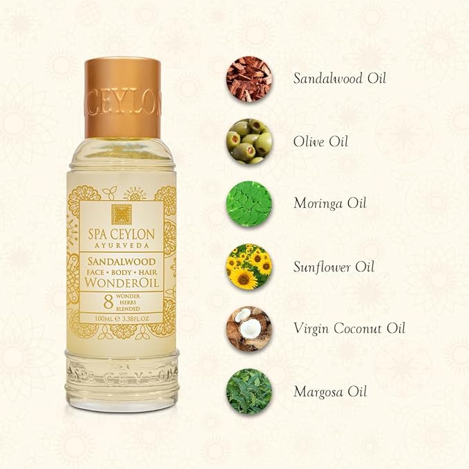 SPA CEYLON Wonder Oil Sandalwood, Luxurious Moisturizing Body Oil with Ayurvedic Herbs, Non-Greasy Natural Skin & Hair Nourishment, Vegan & Ethical,100ml