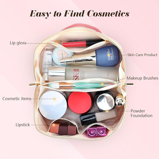 for Christmas Day Gifts, Makeup Bag for Women, PU Leather Travel Toiletry Bags, Initial Make Up Cosmetic Pouch for Teen Girls, Wide Open Portable Skincare Bag, Personalized Birthday Gifts, Pink L