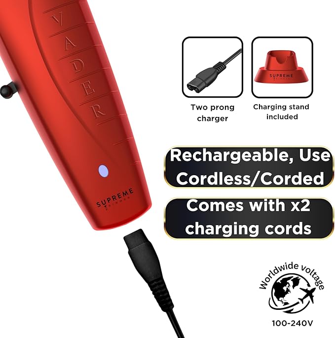 Supreme Trimmer Vader Clipper with DLC Taper Blade STC5098 | 210 Min Run Time 7500 RPM Hair Trimmer | Professional Brushless Motor Barber Clipper | Red