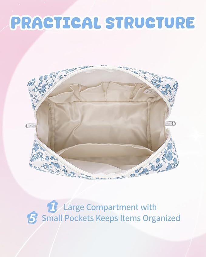 Narwey Birthday Gifts for Teen Girls Kids Women Personalized Initial Floral Makeup Bag Cute Cosmetic Trendy Stuff 6 8 10 11 12 13 14 16 18 Years Old Travel Toiletry Bag (Little Blue Flower D)