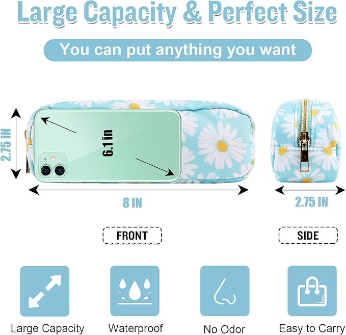 Nylon Small Floral Makeup Bag, Slim Preppy Cute Makeup Brush Case, Waterproof Travel Toiletry Bag, Coin Pouch Make Up Organizer for Women (Blue-Daisy)