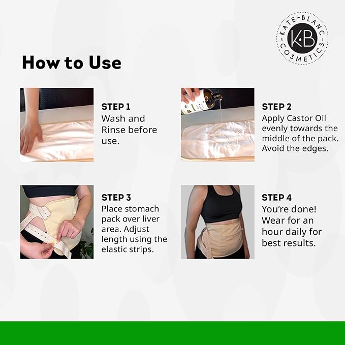 Kate Blanc Cosmetics Castor Oil Pack Wrap for Stomach & Belly (16oz Glass Bottle) Moisturize Body & Skin. Reusable, Adjustable, Comfortable Fit.